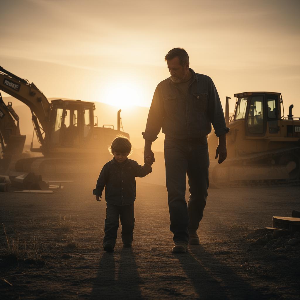 Father walking with young son at sunset on a job site